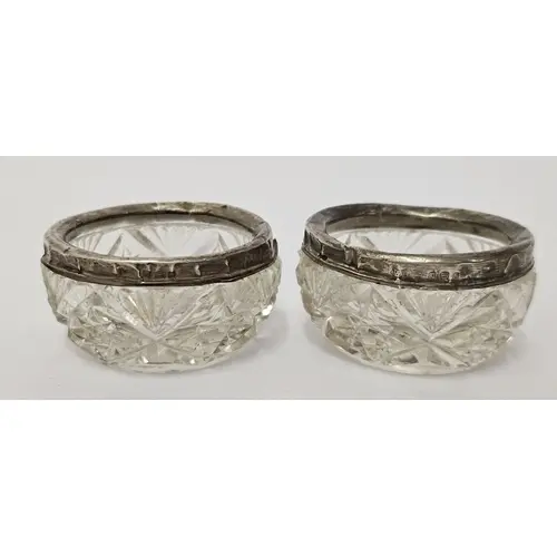 Pair Hob Star Cut Glass Salts with hallmarked silver lips, h...