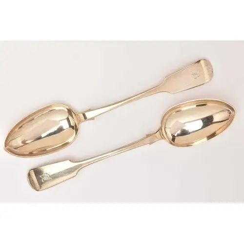 A PAIR OF ELIZABETH II SILVER SERVING SPOONS, hallmarked 'RW...