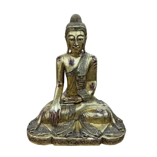 A large giltwood figure of a seated Buddha, with ornate robe...