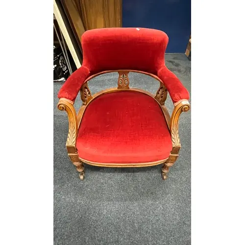 Victorian lounge tub chair, upholstered in scarlet fabric, c...