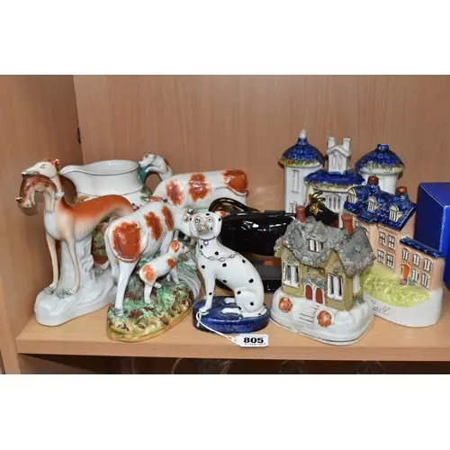 A GROUP OF NINE 19TH-CENTURY MOSTLY STAFFORDSHIRE POTTERY PI...