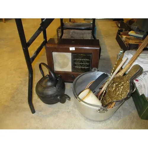 Vintage Radio, Cast Iron Kettle, Jam Pan, Bellows, Carpet Be...
