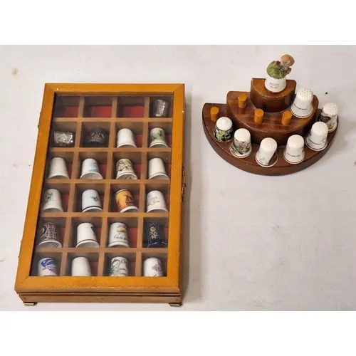 Vintage Thimbles, mostly ceramic & wooden display stand & sm...