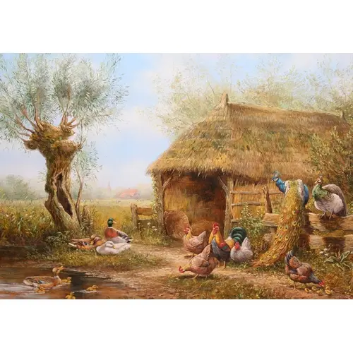 Henk Reusink, oil on panel, poultry beside a thatched barn a...