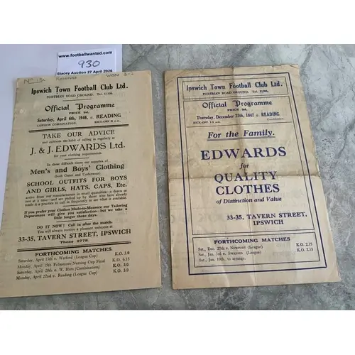 1940s Ipswich Town v Reading Reserves Football Programmes: 4...