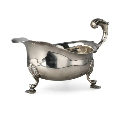 A LARGE GEORGE II STYLE SILVER HELMET SHAPE SAUCE BOAT, WAKE...