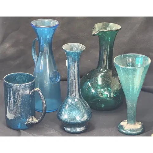 A selection of vintage hand blown glass items, including jug...