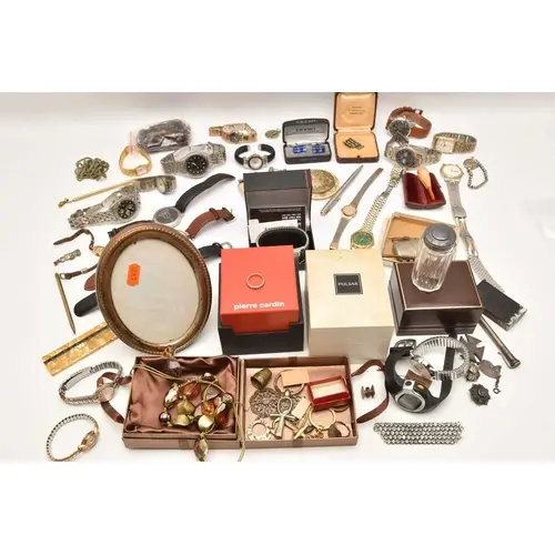 ONE BOX OF JEWELLERY AND WATCHES, to include a small glass j...
