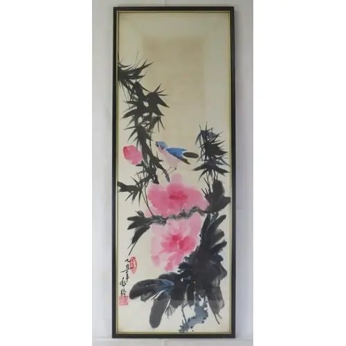 F/g Chinese Ink on Paper, bird perched on a branch with pink...