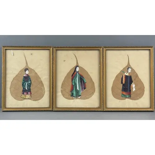 Asian Art: a Chinese gouache painting on a Bodhi leaf of a f...