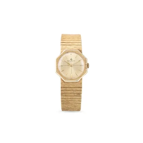A VINTAGE BAUME MERCIER 14CT GOLD WRIST WATCH, octagonal fac...