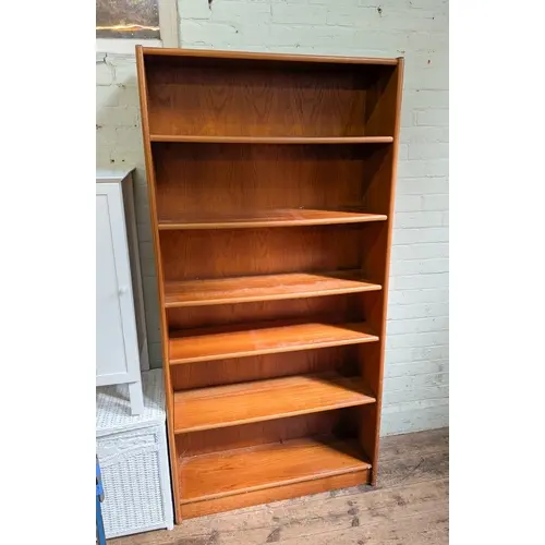 A modern teak open bookcase with adjustable shelves, 3' wide
