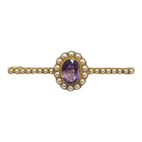 A yellow metal, amethyst and seed pearl cluster set bar broo...