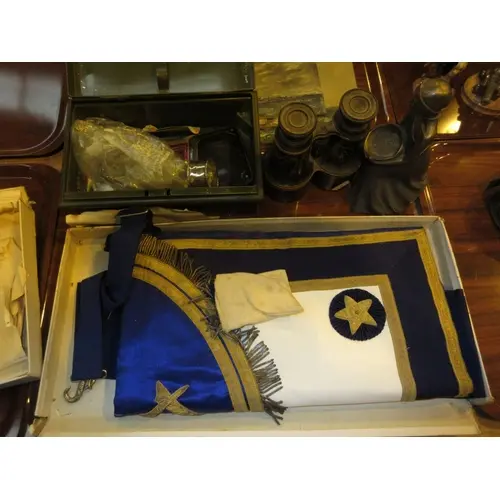 Deed Box with Silver Napkin Ring, Coins, Banknotes, Binocula...