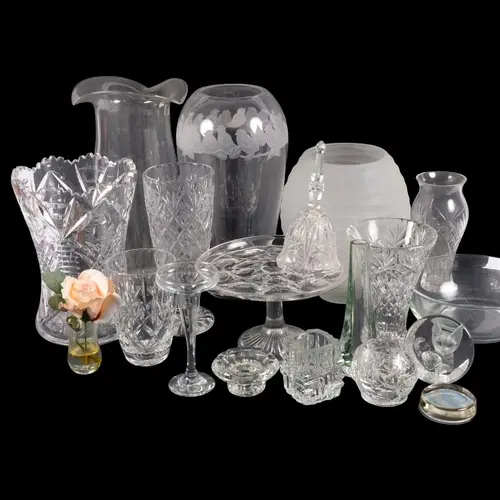 Glass vases, tallest Dartington Crystal 36cm, a pedestal cak...