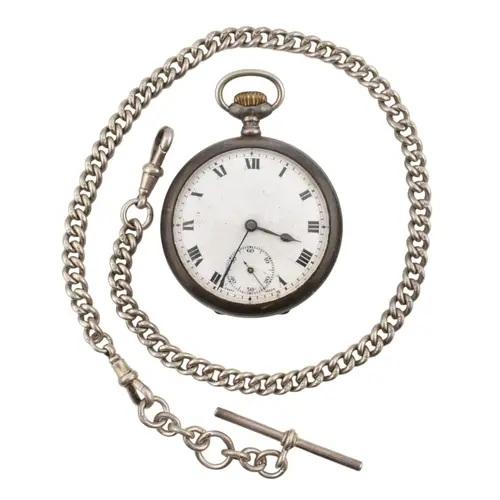 A 1920s hallmarked silver pocket watch strung on a hallmarke...
