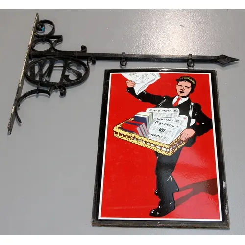 Antique WH Smith & Son double sided enamel hanging sign c/w ...