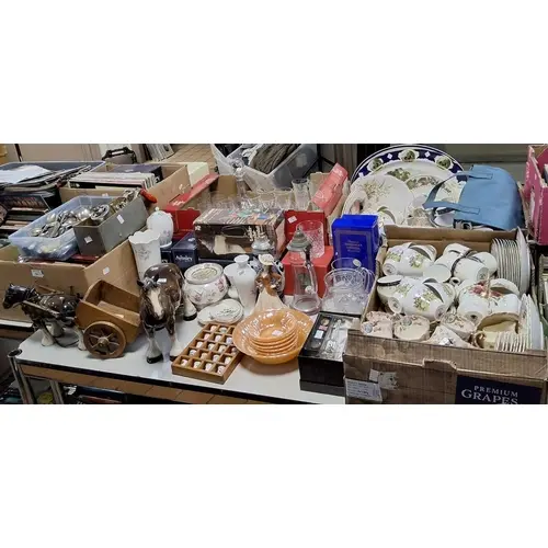 THREE BOXES AND LOOSE MISCELLANEOUS CERAMICS, GLASS, AND SUN...
