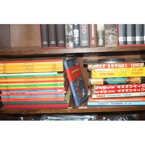 Shelf containing Tin Tin annuals, Eagle annuals, etc.