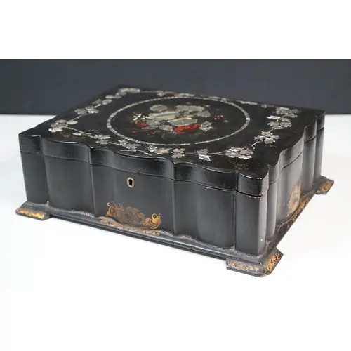 Victorian lacquer sewing box with intricate Mother of Pearl ...