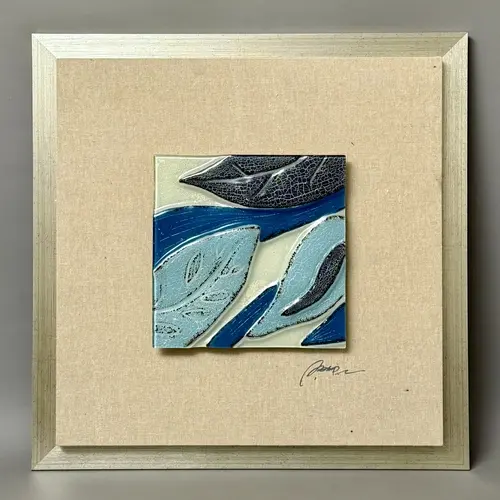 A fused glass artwork - 'Blue Leaves', 25 x 25cm, on a linen...