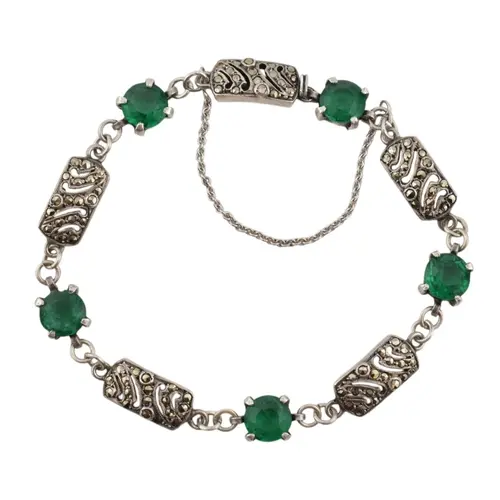 A French silver and green stone Art Deco bracelet. Alternati...