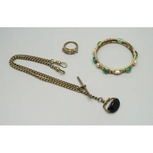 A gilt metal Albert chain with fob, a vintage gilt chrysopra...