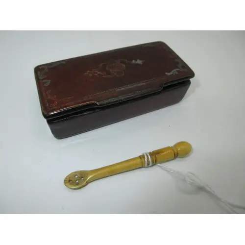 Victorian Lacquer Snuff Box and Bone Snuff Spoon