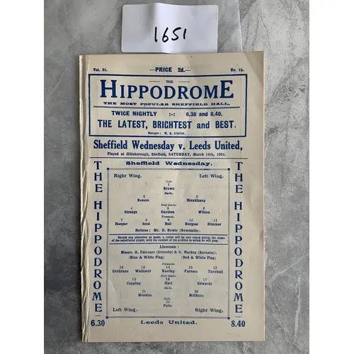 1930 - 1931 Sheffield Wednesday v Leeds United Football Prog...