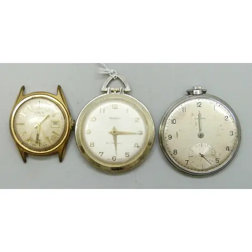 An Omega top wind dress pocket watch, lacking glass, an Oris...