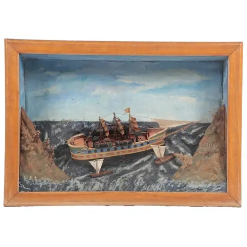 Folk Art - A diorama of a ship at sea, early 20th century, m...