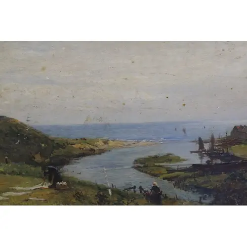 Oil on panel, coastal scene with figures and boats (at fault...