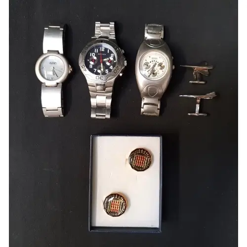 PAIR OF SILVER CUFFLINKS AND THREE WATCHES the cufflinks in ...
