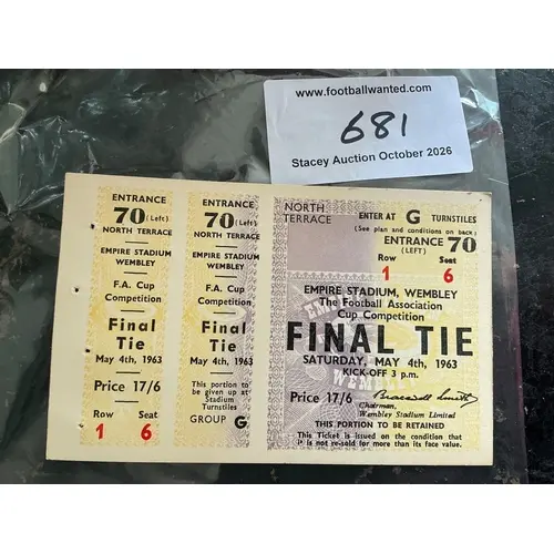 1963 FA Cup Final Proof Copy Football Ticket: Manchester Uni...
