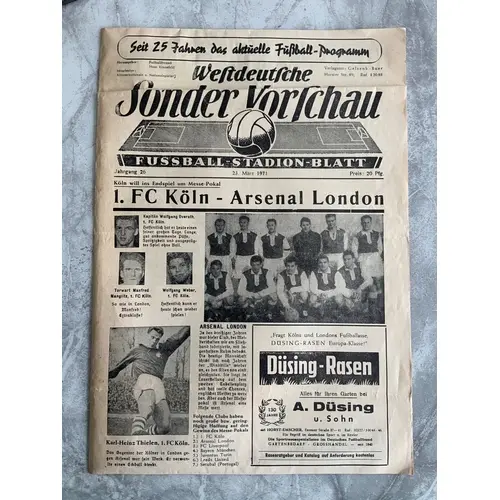70/71 Koln Cologne v Arsenal Fairs Cup Football Programme: V...