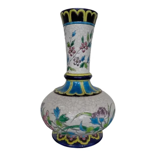 20th Century French Longwy crackle glaze vase. Decorated wit...
