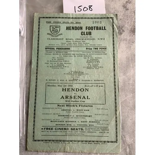 49/50 Hendon v Arsenal Football Programme: Will Mathers cup ...