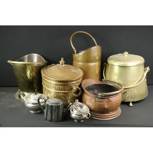 Early 20th century brass coal bin, having swing handle and c...