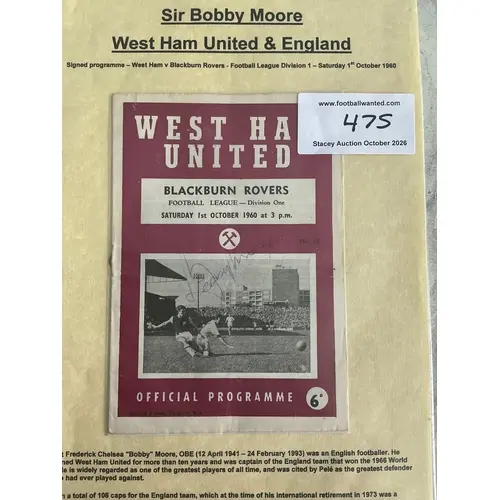 Bobby Moore Signed West Ham Football Programme: 1960 home pr...