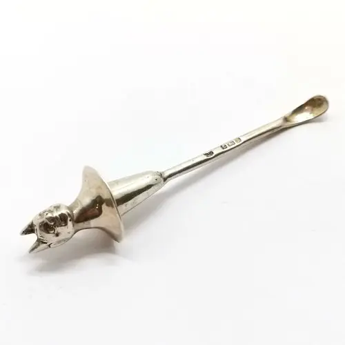 1908 antique silver cayenne pepper spoon with devil cast det...