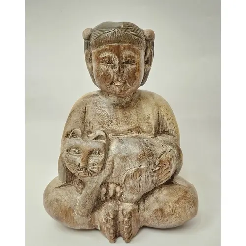 Oriental Carved Wooden Seated Figure holding a cat approx. 2...