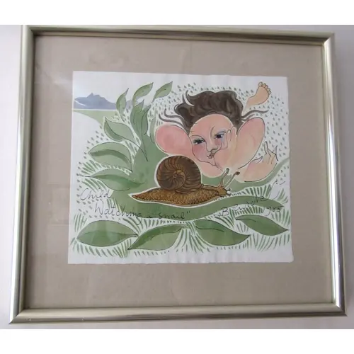 Pauline Bewick Original Watercolour Child Watching a Snail S...