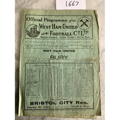36/37 West Ham v Bury Football Programme: Fair condition div...