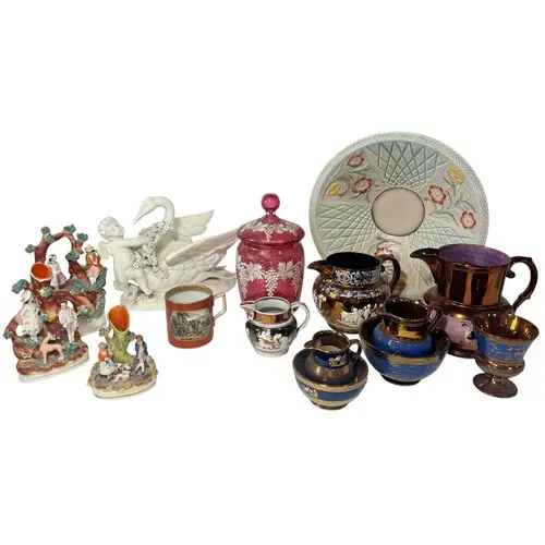 A collection of mixed ceramics including three Staffordshire...