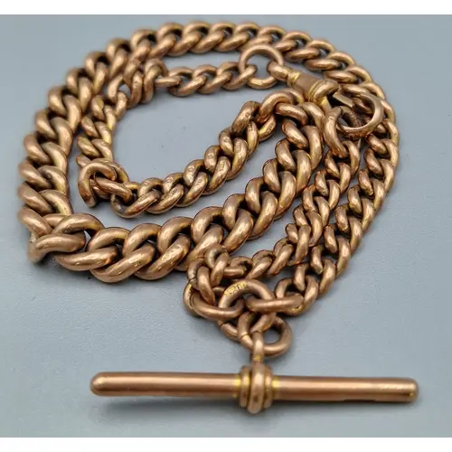 Edwardian 9ct rose gold 'T' bar pocket watch chain. 45.8g ap...