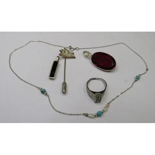 2 925 Silver Pendants, rectangular set black stone & oval re...
