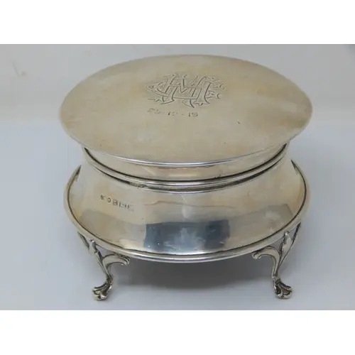 Antique Silver Jewellery Box with Blue Silk Lined Interior: ...