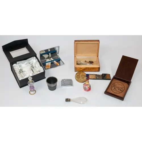 Decorative Arts: a 19th century teardrop scent bottle, a box...