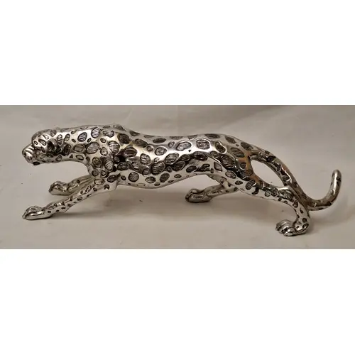 Silver Toned Metallic Leopard Figurine, in hunting stance ap...