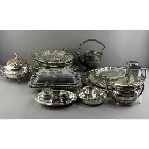Silver Plate: an ornate entree dish and lid, another plainer...